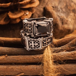 Christian cross with red ruby stone men ring, ruby stone ring for men, Wide band for husband, Religious gemstone men rings, Gift for him