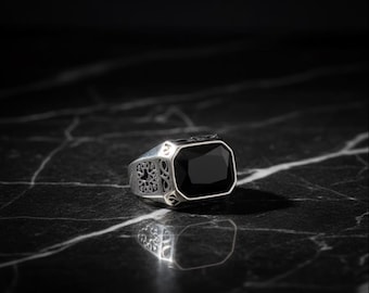 Pierścień męski z płaskim wierzchołkiem i czarnym kamieniem szlachetnym, prosty pierścień sygnetowy, pierścień z czarnym kamieniem szlachetnym, pierścień na prezent dla mężczyzny, prezent dla mężczyzny, prezent dla niej, prezent dla niego