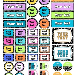 May include: A selection of colourful, editable class labels with the text "Your Text" in various shapes. The labels feature a black and white notebook paper design around the edges, ideal for classroom organisation.