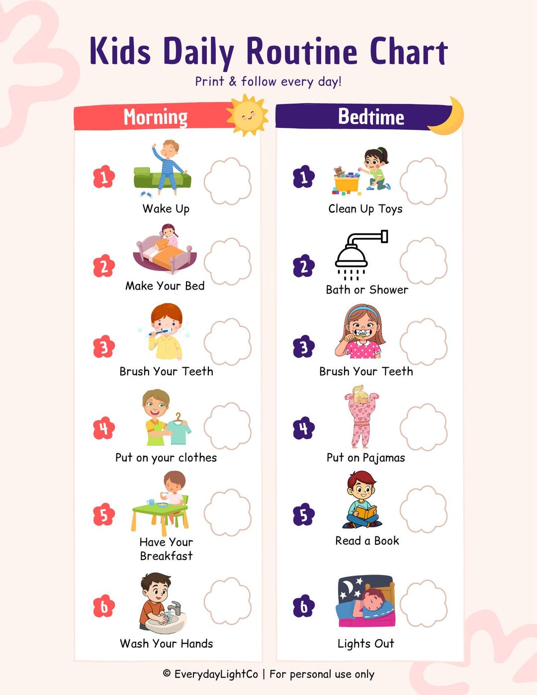 Kids Daily Routine Chart Printable | Morning & Bedtime Schedule ...