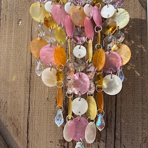 Pink and Orange Capiz Shell, Ombré Suncatcher, V Shape Crystal Wind Chime, Boho Glass Prism Mobile, Handmade Rainbow Sunchime Window Decor