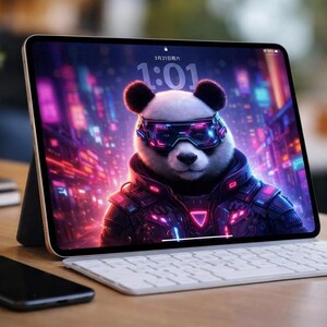 May include: A digital tablet with a white keyboard and a black smartphone on a wooden surface. The tablet displays a futuristic panda bear wearing neon goggles and a jacket, set against a cityscape background. The time is 1:01.