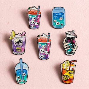 Halloween Drink Enamel Pins, Skull Cocktail Soda Brooch, Gothic Bubble Tea Pin, Spooky Cup Pin Set, Cute Horror Gift for Bag Jacket