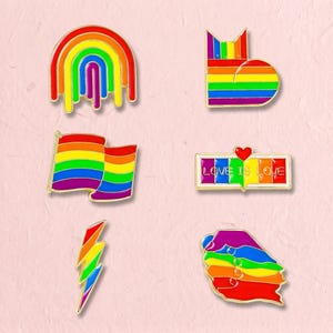 Könnte beinhalten: Ein Set aus sechs Emaille-Anstecknadeln mit Regenbogenmotiven: ein tropfender Regenbogenbogen, eine Katzensilhouette, eine wehende Flagge, ein rechteckiger Balken mit dem Text LOVE IS LOVE und einem roten Herz, ein Blitz und eine Faust mit Regenbogenstreifen.