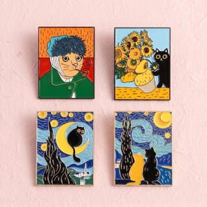 Van Gogh Cat Enamel Pin Set, Starry Night Sunflower Artist Cat Brooch, Famous Painting Inspired Gift for Jacket Bag Backpack