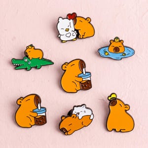 Cute Capybara Enamel Pin Set, Kawaii Animal Brooch, Bubble Tea Capybara Cat Crocodile Pin, Funny Gift for Jacket Bag Backpack