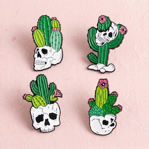 Skull Cactus Enamel Pin Set, Gothic Desert Plant Brooch, Skeleton Cactus Badge, Spooky Succulent Pin, Halloween Gift for Plant Lovers