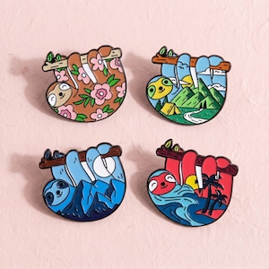 Sloth Enamel Pin Set, Cute Hanging Sloth Brooch, Mountain Beach Floral Animal Badge, Kawaii Nature Pin, Gift for Sloth Lovers