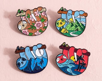 Sloth Enamel Pin Set, Cute Hanging Sloth Brooch, Mountain Beach Floral Animal Badge, Kawaii Nature Pin, Gift for Sloth Lovers