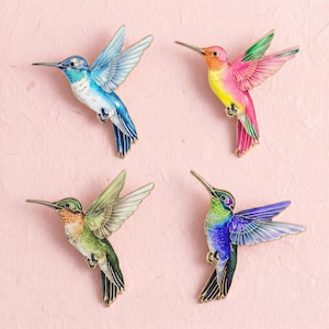 Op de afbeelding: Vier kolibrie-emaille broches met levendige kleurcombinaties. Eén is blauw en wit, één roze en geel, één groen en oranje, en één paars en groen. Elke vogel is afgebeeld in vlucht met gespreide vleugels en goudkleurige metalen omlijningen.