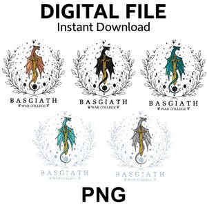 Puede incluir: Archivo digital con cinco diseños de dragones en varios colores: cobre, negro, verde azulado, turquesa y plateado. Cada dragón sostiene una espada y está rodeado por una corona y estrellas. El texto "BASGIATH WAR COLLEGE" está debajo. Tipo de archivo PNG.