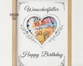 Geldgeschenk Geburtstag Wunscherfüller | Originell verpacken runner Geburtstag | Bastelvorlage Herz | Geschenk Frau & Mann | Téléchargement PDF