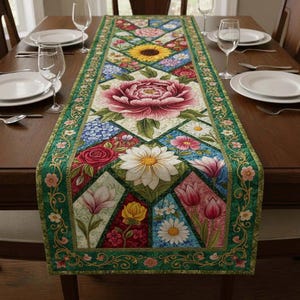 Chemin de table en patchwork floral, décoration de table botanique vintage, chemin de table fleur Cottagecore, décoration de salle à manger printanière à la ferme