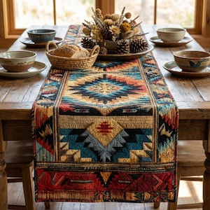 Puede incluir: Una mesa de comedor de madera con un camino de mesa estampado y colorido. El camino de mesa presenta diseños geométricos en tonos rojos, azules, amarillos y negros. Cuencos, platos, una cesta de pan y objetos decorativos completan el ambiente rústico.