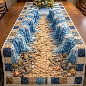 Puede incluir: Camino de mesa acolchado con una escena de playa con olas azules, arena y elementos náuticos. El diseño incluye anclas, estrellas de mar y conchas marinas. El borde tiene un patrón de patchwork en tonos azules y beige.