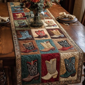 Camino de mesa con botas vaqueras, decoración de mesa estilo western, camino de mesa rústico de rancho, decoración de cocina vaquera, camino de mesa de comedor estilo granja western, regalo
