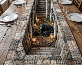 Camino de mesa 3D con diseño de guarida de oso, decoración rústica para mesa de cabaña, camino de mesa con diseño de familia de osos del bosque, camino de mesa con ilusión óptica, regalo acogedor para la cocina.