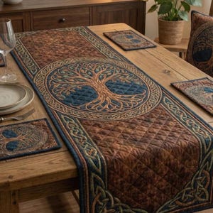 May include: A brown and blue quilted table runner with a Celtic tree of life design. The runner features a central medallion with a tree motif, surrounded by intricate knotwork. Matching placemats and a pillow with the same design are also visible.