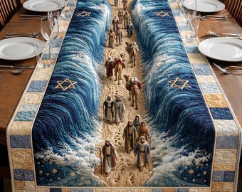 Biblical Red Sea Table Runner, Moses Parting Sea Table Runner, Christian Table Decor, Religious Dining Decor