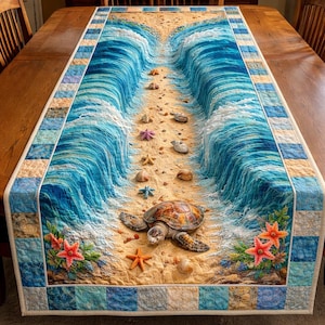 Caminho de mesa com tartaruga marinha, decoração costeira de praia, caminho de mesa náutico com ondas do oceano, decoração de mesa de jantar de verão, caminho de mesa para cozinha de casa de praia