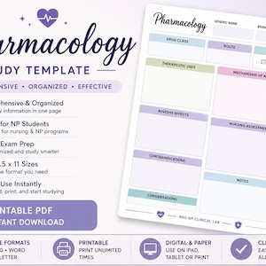 Op de afbeelding: Een afdrukbare farmacologie-studeersjabloon in PDF-formaat. De sjabloon bevat secties voor geneesmiddelenklasse, therapeutische toepassingen, bijwerkingen en verpleegkundige beoordeling. Het ontwerp is strak en kleurrijk, met een lavendel takje.