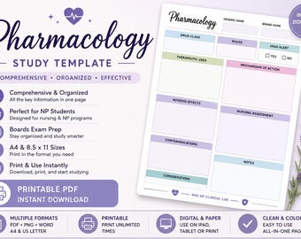 Plantilla para estudio de farmacología / Hoja de estudio de medicamentos / Notas de enfermería imprimibles / Organizador de clases de medicamentos / Tamaños A4 y Carta estadounidense / Descarga digital