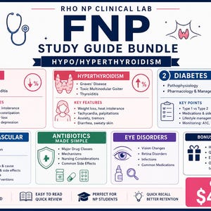 May include: A study guide bundle for FNP students, featuring topics like Hypo/Hyperthyroidism, Diabetes, Cardiovascular issues, Antibiotics, and Eye Disorders. The guide includes key features, key points, and bonus materials. The price is $4.99.
