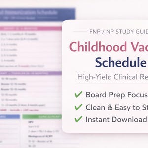 May include: A white card with the title "Childhood Vaccine Schedule" in red and blue text. The card also includes the text "High-Yield Clinical Review" and three green checkmarks with bullet points: "Board Prep Focused", "Clean & Easy to Study", and "Instant Download".
