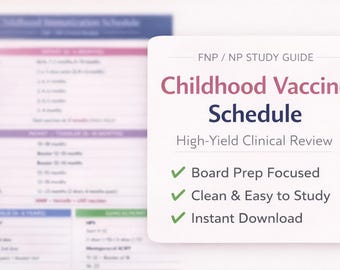 Infografía del calendario de vacunación infantil / Preparación para el examen FNP NP / Tabla de vacunas pediátricas / Guía de estudio de enfermería (descarga digital)