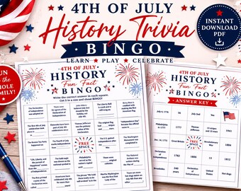 Juego de bingo histórico del 4 de julio / Actividad de preguntas y respuestas sobre el Día de la Independencia (Descarga en PDF)