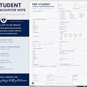 May include: A printable FNP Student Clinical Encounter Note template on US Letter size (8.5 x 11 in) paper. The document is designed to help students stay organized and gather key information. The template includes sections for patient information, history, and assessment.