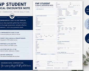 Plantilla de nota de encuentro clínico para estudiantes de enfermería de práctica avanzada / Hoja de documentación rellenable (descarga digital)