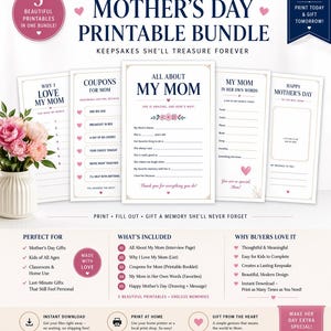 Può includere: Pacchetto stampabile per la festa della mamma con cinque bellissime stampe, tra cui una pagina di intervista, coupon e un elenco del perché amo mia madre. Perfetto per bambini e uso in classe. Download immediato.