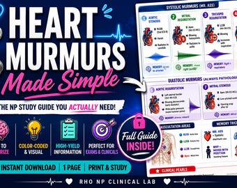 Guía de estudio sobre soplos cardíacos en PDF / Hoja de referencia rápida de cardiología para el examen de enfermería especializada (descarga digital)