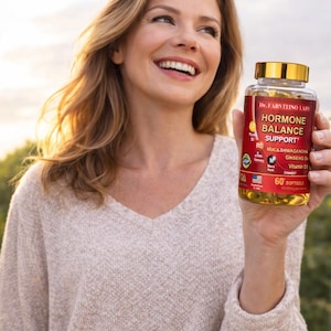 Puede incluir: Una mujer sostiene un frasco de suplementos Hormone Balance Support de Dr. Farvitino Labs. El frasco rojo y dorado muestra texto que indica que el producto contiene Maca, Ashwagandha, Ginseng y Vitamina D. El frasco contiene 60 c&aacute;psulas blandas.