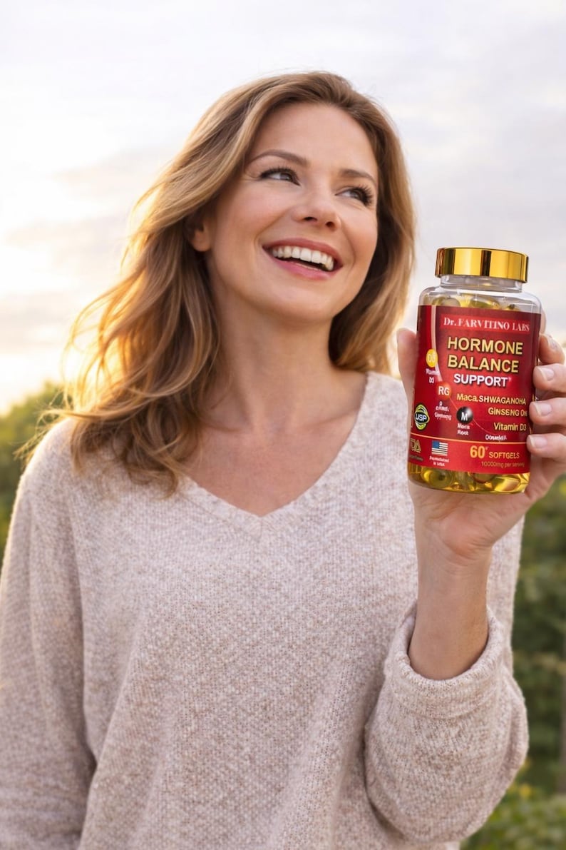 Puede incluir: Una mujer sostiene un frasco de suplementos Hormone Balance Support de Dr. Farvitino Labs. El frasco rojo y dorado muestra texto que indica que el producto contiene Maca, Ashwagandha, Ginseng y Vitamina D. El frasco contiene 60 c&aacute;psulas blandas.