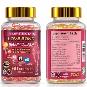 Puede incluir: Dos frascos de vidrio transparente con c&aacute;psulas blandas y tapas doradas. Las etiquetas dicen "LOVE BOND IGNITE HER" y enumeran ingredientes como ra&iacute;z de maca, ashwagandha y vitamina D3. Cada frasco contiene 60 c&aacute;psulas blandas.