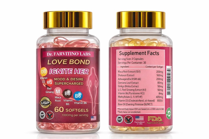 Puede incluir: Dos frascos de vidrio transparente con c&aacute;psulas blandas y tapas doradas. Las etiquetas dicen "LOVE BOND IGNITE HER" y enumeran ingredientes como ra&iacute;z de maca, ashwagandha y vitamina D3. Cada frasco contiene 60 c&aacute;psulas blandas.