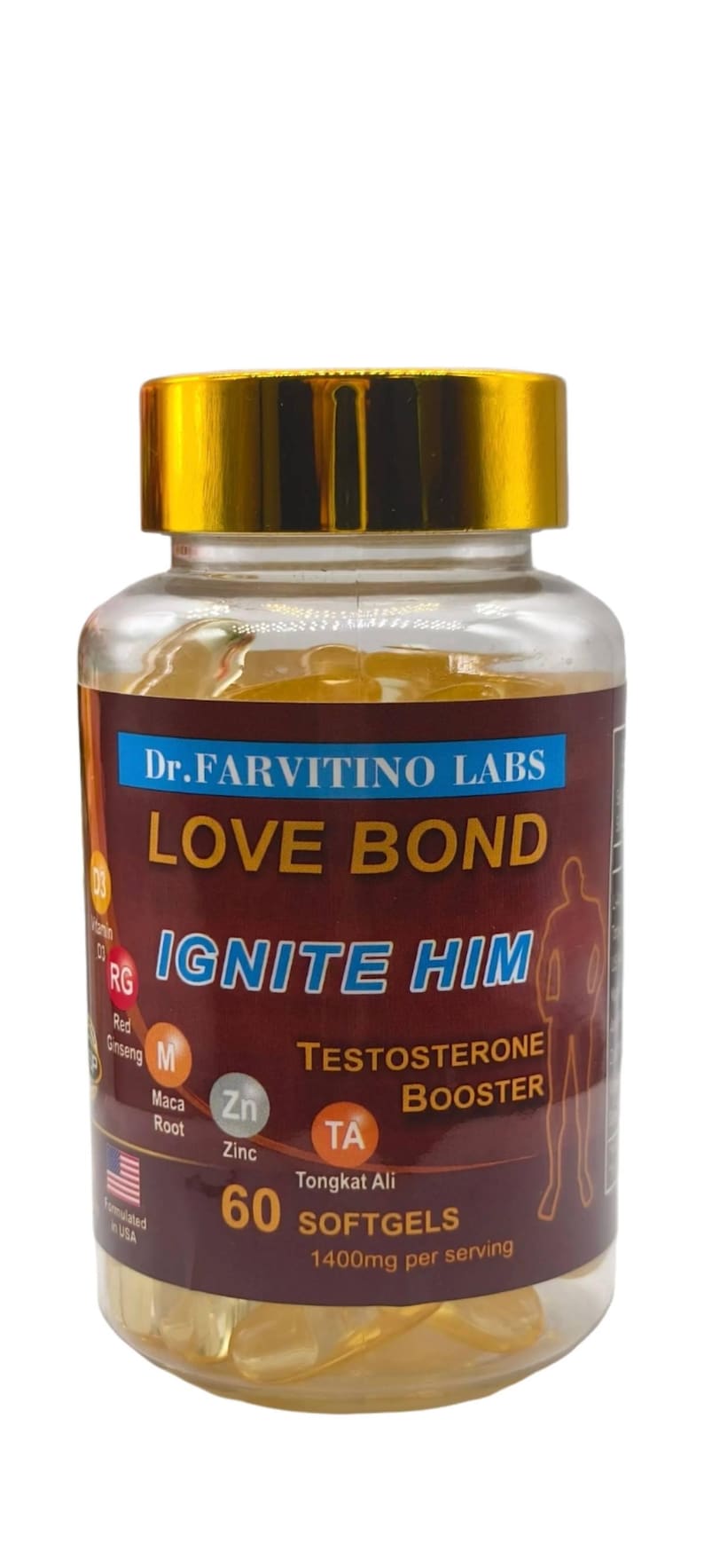 Op de afbeelding: Een heldere glazen fles met een gouden deksel, gevuld met gele softgels. Het etiket luidt "LOVE BOND IGNITE HIM TESTOSTERONE BOOSTER" en vermeldt ingredi&euml;nten. Bevat 60 softgels.