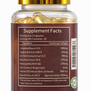 May include: A clear glass bottle with a gold lid containing yellow capsules. The label details supplement facts, including ingredients such as L-Arginine and Ashwagandha. The bottle contains 30 servings, with 2 capsules per serving.