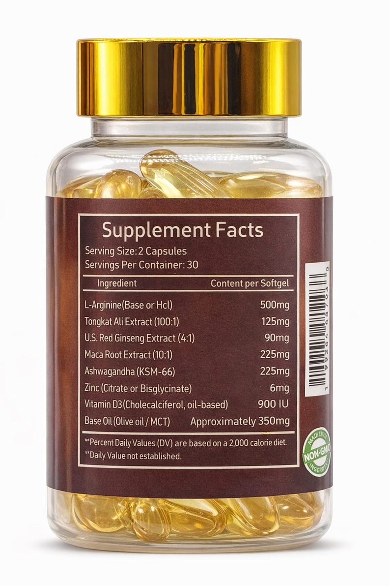May include: A clear glass bottle with a gold lid containing yellow capsules. The label details supplement facts, including ingredients such as L-Arginine and Ashwagandha. The bottle contains 30 servings, with 2 capsules per serving.