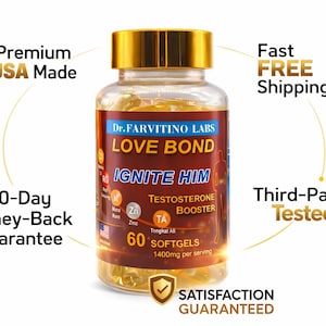 Op de afbeelding: Een doorzichtige fles met een gouden dop gevuld met gele softgels. Het etiket luidt "LOVE BOND IGNITE HIM Testosteron Booster". Er staat ook "Premium USA Made" en "30-Day Money-Back Guarantee".