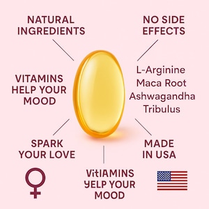 Puede incluir: Primer plano de una c&aacute;psula de vitamina amarilla de forma ovalada. El texto incluye "Ingredientes naturales", "Las vitaminas ayudan a tu estado de &aacute;nimo", "Enciende tu amor", "Sin efectos secundarios", "Hecho en EE. UU." y nombres de ingredientes.