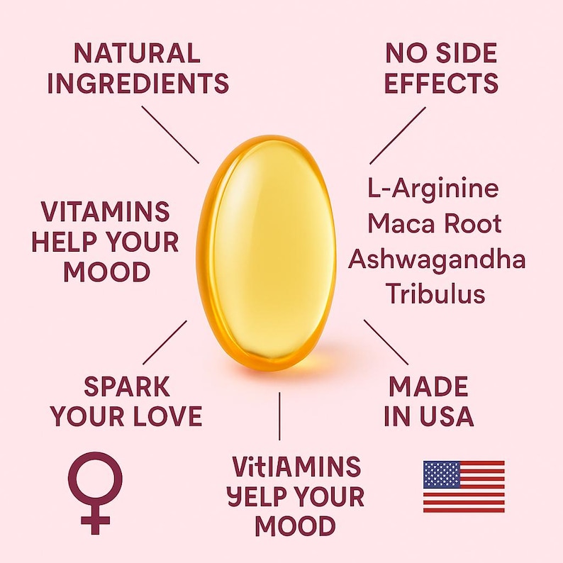 Puede incluir: Primer plano de una c&aacute;psula de vitamina amarilla de forma ovalada. El texto incluye "Ingredientes naturales", "Las vitaminas ayudan a tu estado de &aacute;nimo", "Enciende tu amor", "Sin efectos secundarios", "Hecho en EE. UU." y nombres de ingredientes.