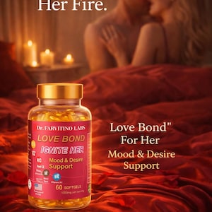 Puede incluir: Una botella de suplementos "Love Bond" para el apoyo del estado de &aacute;nimo y el deseo. La etiqueta incluye el texto "Ignite Her" y "60 c&aacute;psulas". El fondo presenta una pareja en la cama y el texto "Rediscover Her Fire."