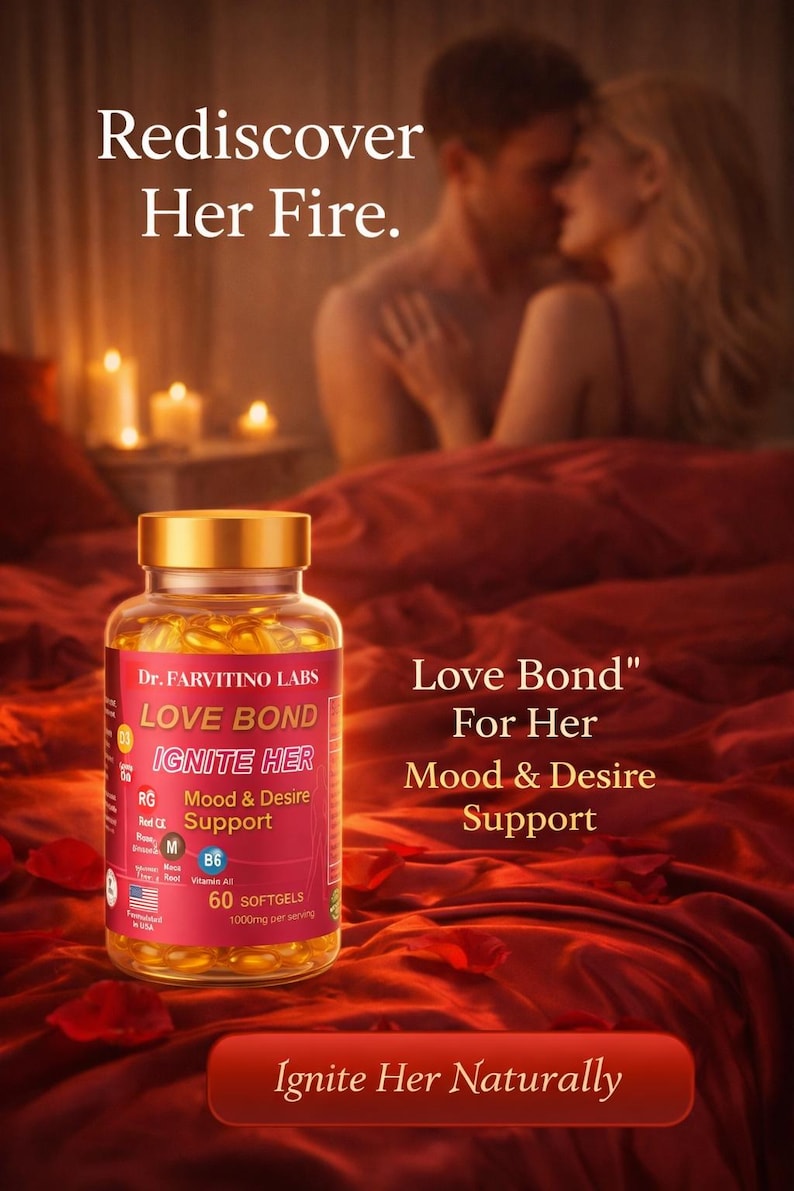 Puede incluir: Una botella de suplementos "Love Bond" para el apoyo del estado de &aacute;nimo y el deseo. La etiqueta incluye el texto "Ignite Her" y "60 c&aacute;psulas". El fondo presenta una pareja en la cama y el texto "Rediscover Her Fire."