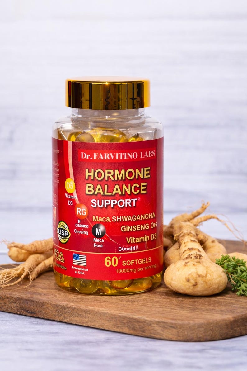 Puede incluir: Una botella transparente de c&aacute;psulas blandas con tapa dorada, etiquetada como "Hormone Balance Support" por Dr. Farvitino Labs. La botella est&aacute; sobre una tabla de madera con ginseng y ra&iacute;z de maca. La etiqueta destaca ingredientes como Maca, Ginseng y Vitamina D3.