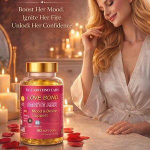 Puede incluir: Anuncio de un suplemento llamado "Love Bond Ignite Her". El producto est&aacute; en una botella transparente con una tapa dorada y una etiqueta rosa y blanca. El texto de la etiqueta incluye "Apoyo al estado de &aacute;nimo y al deseo".