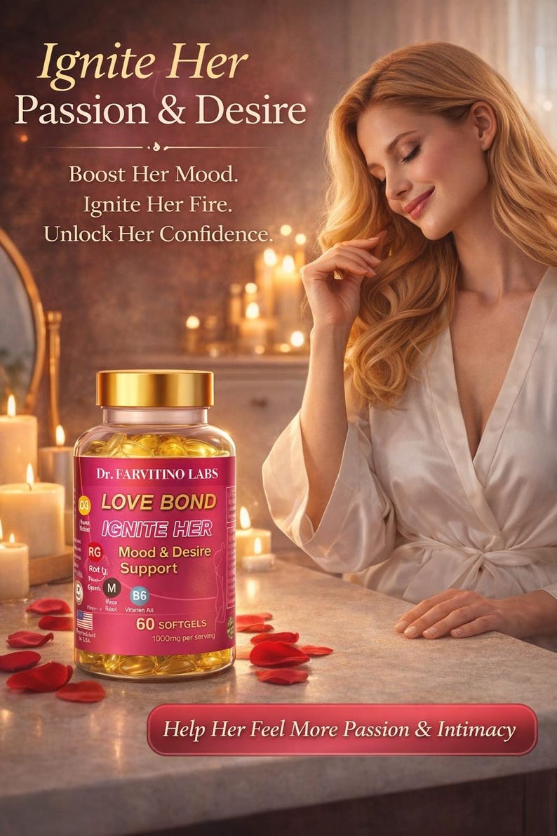 Puede incluir: Anuncio de un suplemento llamado "Love Bond Ignite Her". El producto est&aacute; en una botella transparente con una tapa dorada y una etiqueta rosa y blanca. El texto de la etiqueta incluye "Apoyo al estado de &aacute;nimo y al deseo".