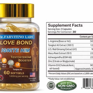 May include: A clear bottle of "Love Bond Ignite Him" testosterone booster softgels. The label includes supplement facts, ingredients, and the text "Made in USA". The bottle has a gold cap and contains 60 softgels.